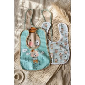 Resim Babydonat Little Gentleman Serisi 3'lü Lüks Pamuklu Bebek Mama Önlüğü - Mint Yeşili ve Bej Ayıcık Desenli Sıvı Geçirmez Ayarlanabilir Çıtçıtlı Set 0-12 Ay 