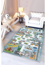 Resim Eğitici Haritalı Bambu Çocuk Halısı Mavi 
