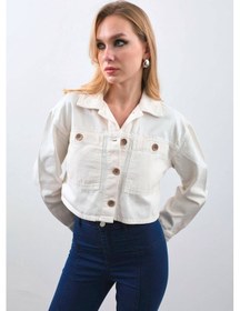 Resim Kadın Ekru Crop Kesim Jean Ceket ekru 