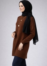 Resim ModaAzen Kahverengi Bisiklet Yaka Oversize Kadın Triko Tunik 