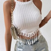 Resim Kadınlar İçin Şık Yazlık Kısa Kollu Crop Üst - Zarif Püskül Detaylı, Dar Kesim Yuvarlak Yaka Rahat Giyim, Şık ve Şeffaf Olmayan Malzeme ile Yazlık Günlük veya Parti Seçeneği 