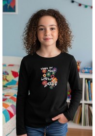 Resim Yuvarlak Yaka Renkli Çiçek Baskılı Kız Çocuk Sweatshirt Siyah 