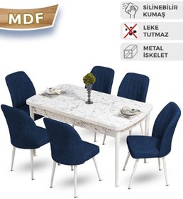 Resim Canisa Mun Serisi, 80x132 Açılabilir Mdf Beyaz Mermer Desen Yemek Masası Takımı, 6 Siyah Sandalye 