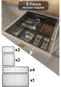 Resim 9 Parça Modüler Kaşıklık Seti - Ayarlanabilir Mutfak Çekmece İçi Düzenleyici Organizer Antrasit 