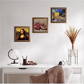 Resim Pinecone Van Gogh Kafe Terasta Gece, Da Vinci Mona Lisa, Nar Taş Duvar Tablosu - Ahşap Çerçeveli Taş Tablo - 25x25 cm - 3 Parça Set - Dekoratif Duvar Sanatı - Modern Ev ve Ofis Duvar Dekoru W3-1450 