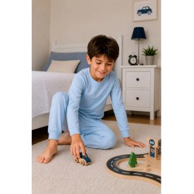 Resim Zuzunga Soft Mavi %100 Pamuk Basic Erkek Çocuk Pijama Takımı 