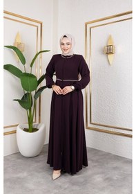 Resim Nevayla Moda Yaka Ve Bel Nakış Detaylı Ferace - Mürdüm / F0143 Mürdüm 