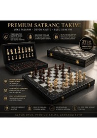 Resim Lüks Mermer Görünümlü Ahşap Manyetik Satranç Takımı 29 Cm Katlanabilir Yuvalı Premium Satranç Seti 