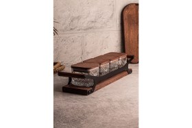 Resim Şık 5 Parça Kare Cam Tepsili Ahşap Kapaklı Kahvaltılık ve Çerezlik Seti 