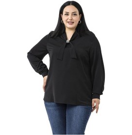 Resim Büyük Beden Yakada Pırıltı Detaylı Manşetli Siyah Bluz Siyah 