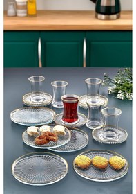 Resim Gold Yaldızlı Pasta Tabağı - Çay Bardağı Ve Çay Tabağı Seti 18 Parça Şeffaf 