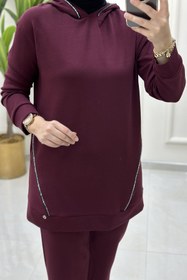 Resim Armine TREND Kapüşon ve Önü Taş Biye Detaylı Tunik ve Pantolon Kadın İkili Takım Bordo ARM 603 