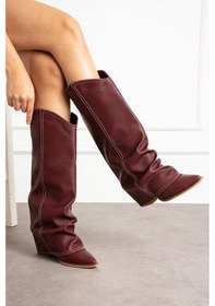 Resim Shoetek Leire Kadın Çizme Kovboy Körüklü Mat Bordo Deri Bordo 