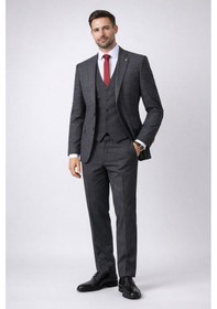 Resim Fabio Cassel Slim Fit Mono Yaka Çift Yırtmaçlı Astarlı Takım Elbise Yelekli Füme 