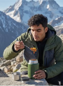 Resim campout Kaşıklı yemek termosu okul iş seyahat kamp çelik mama yemek termos kılıflı askılıklı 316 çelik 600ml 