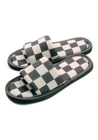 Resim Erkek Dama Desenli Önü Açık Yumuşak Tabanlı Ev Terliği Siyah - Beyaz 