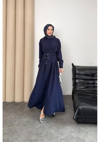 Resim Mihran Butik Valeno Model Coupra Model Kumaş Kemer Detaylı Elbise Lacivert 