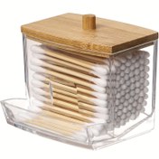 Resim 1 adet Ahşap Kapaklı Şeffaf Akrilik Pamuklu Çubuk Tutucu, Pamuklu Çubuk, Takı, Pudra Pufu, Güzellik Yumurtaları İçin Toz Geçirmez Depolama Kavanozları, Makyaj Masası, Masaüstü, Banyo, Ev, Yurt İçin Ev Düzenleyici 