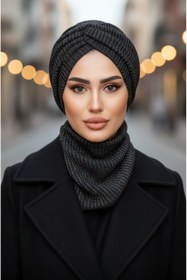 Resim Aişe tesettür Siyah Gümüş Kışlık Burgu Bone Ve Etol Takım 