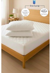 Resim %100 Pamuk Kapitone Fitted Su Sıvı Geçirmez Yatak Koruyucu Alez + 2 Adet Yastık Koruyucu Set Beyaz 