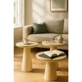 Resim Modern Krem Ahşap Mantar Sehpa 3’lü Set – Zarif Fiskos Sehpa Takımı 