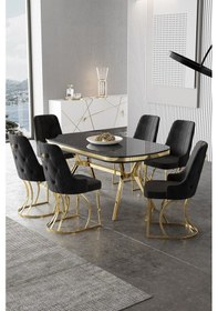 Resim Canisa Epal Serisi 90x168 Lak Panel Siyah Mermer Desen Masa Takımı Gold Ayaklı 6 Siyah Sandalye Masa Siyah Mermer Desen Sandalye Siyah 