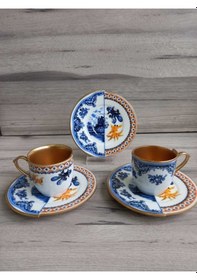 Resim Konyax Hybrıd1 2 Kişilik Çift Desenli İçi Gold Kahve Fincanı Seti Çok Renkli 