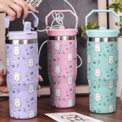 Resim 1 Adet CWIKU 30oz Sevimli Kedi & Tatlılar Paslanmaz Çelik Termos - Pastel Renklerde Kaşık Desenli Çift Duvar Vakum Yalıtımlı Sızdırmaz Isılı Şişe (Lila/Y Mint/Pembe) Pembe Kapak ve Taşıma Kolu, Hediye 