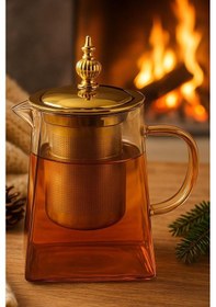 Resim Borosilikat Cam Amber Demlik 750ml Süzgeçli Bitki Demliği Şeffaf 