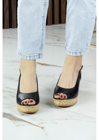 Resim Erkan Saçmacı Heather Siyah Hakiki Dana Derisi Mantar Taban Görünümlü Dolgu Topuklu Slingback Sandalet 