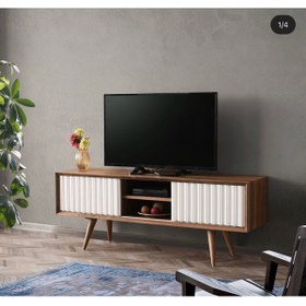 Resim erolkaracaaksesuar Ceviz Kaplama Kızaklı Kırık Beyaz Kapaklı 160 Cm Real Tv Sehpası 