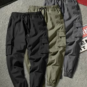 Resim 3 adet Erkek Katı Renk Çok Cepli Kargo Pantolon - Bağcıklı Bel, Rahat Spor Stili, Tüm Mevsim Polyester Kumaş, Hafta Sonu Kıyafeti İçin Normal Beden, Rahat Giyim | Bağcıklı Bel Pantolon | Polyester Kumaş 