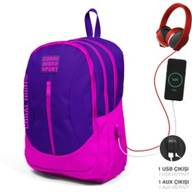 Resim Coral High Sport Mor Pembe Dört Bölmeli Usb Şarjlı Kulaklık Çıkışlı Sırt Çantası 23230 