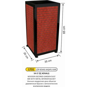 Resim Arı Metal Bahçe Çöp Kovası Kare Ahşaplı Dekorlu Metal Iç Kovalı 