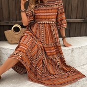 Resim Kadınlar için Şık V-Yaka Geometrik Baskılı Midi Elbise - Üç Çeyrek Kollu A Kesim, Toprak Tonları, Günlük ve Resmi Etkinlikler İçin Normal Kalıp, Çok Yönlü Moda, Dayanıklı 