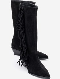 Resim luvishoes ORLO Siyah Süet Hakiki Deri Püsküllü Kadın Western Çizme 