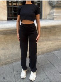 Resim WeShaya Siyah Modal Polyester Dokulu Bisiklet Yaka Takım Siyah 