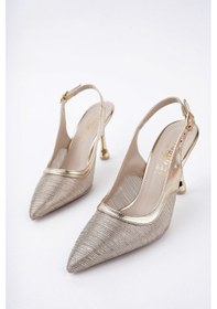 Resim Muggo Aryna Sivri Burun Arkası Açık Günlük Klasik Kadın Topuklu Ayakkabı Altın 