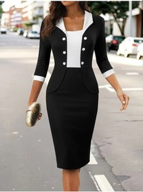 Resim Kadın Truvakar Kol Çift Renkli Düğmeli Kısa Ithal Krep Elbise Siyah 