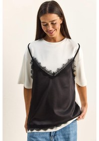 Resim Shade Kadın Dantel Saten Detaylı Katmanlı Görünümlü T-shirt 1084 60286103 - Beyaz-siyah Beyaz - Siyah 