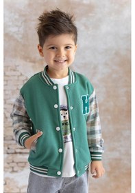 Resim Erkek Bebek Nakış Detaylı Ekose Garnili Bomber Ceket - Yeşil Yeşil 
