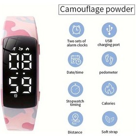 Resim Cloud011 Erkekler İçin Kamuflaj Pembe Dijital Spor Saati - Sessiz Alarm, Adım Sayar, Kalori Sayacı Şarj Edilebilir Diğer 