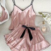 Resim Sevgililer Günü Şık 2 Parça Kadın Saten Pijama Takımı - V-Yaka Cami Üst & Fiyonklu Şort, Makinede Yıkanabilir, Her Mevsim Rahatlığı 