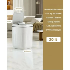 Resim Eco Lounge Akıllı Teknolojik Sensörlü Çöp Kovası Işık Antibakteriyel Koku Geçirmez Mutfak Banyo Wc Ofis 20L Uv 