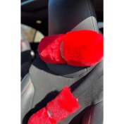 Resim Kırmızı Kürk Gümüş Taş Şeritli Boyun Yastığı 