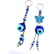 Resim Ennea Art Cam Nazar Boncuğu Kelebek Detaylı Anahtarlık/araba Dikiz Ayna Süsü Seti El Yapımı Hediyelik Set 