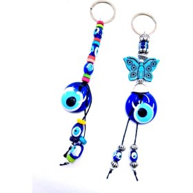 Resim Ennea Art Cam Nazar Boncuğu Kelebek Detaylı Anahtarlık/araba Dikiz Ayna Süsü Seti El Yapımı Hediyelik Set 