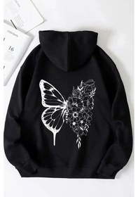 Resim Kadın Oversize Çicekli Kelebek Siyah Sweatshirt Siyah 