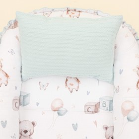 Resim Babynest ve Yastık - Çift Taraflı - Dijital Baskı Muslin - Turkuaz Örgü - Sevimli Ayıcıklar 