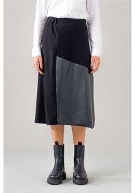 Resim Kadın Siyah Suni Derli Kombinli Beli Lastikli Likralı Örme Kumaş Etek Siyah 